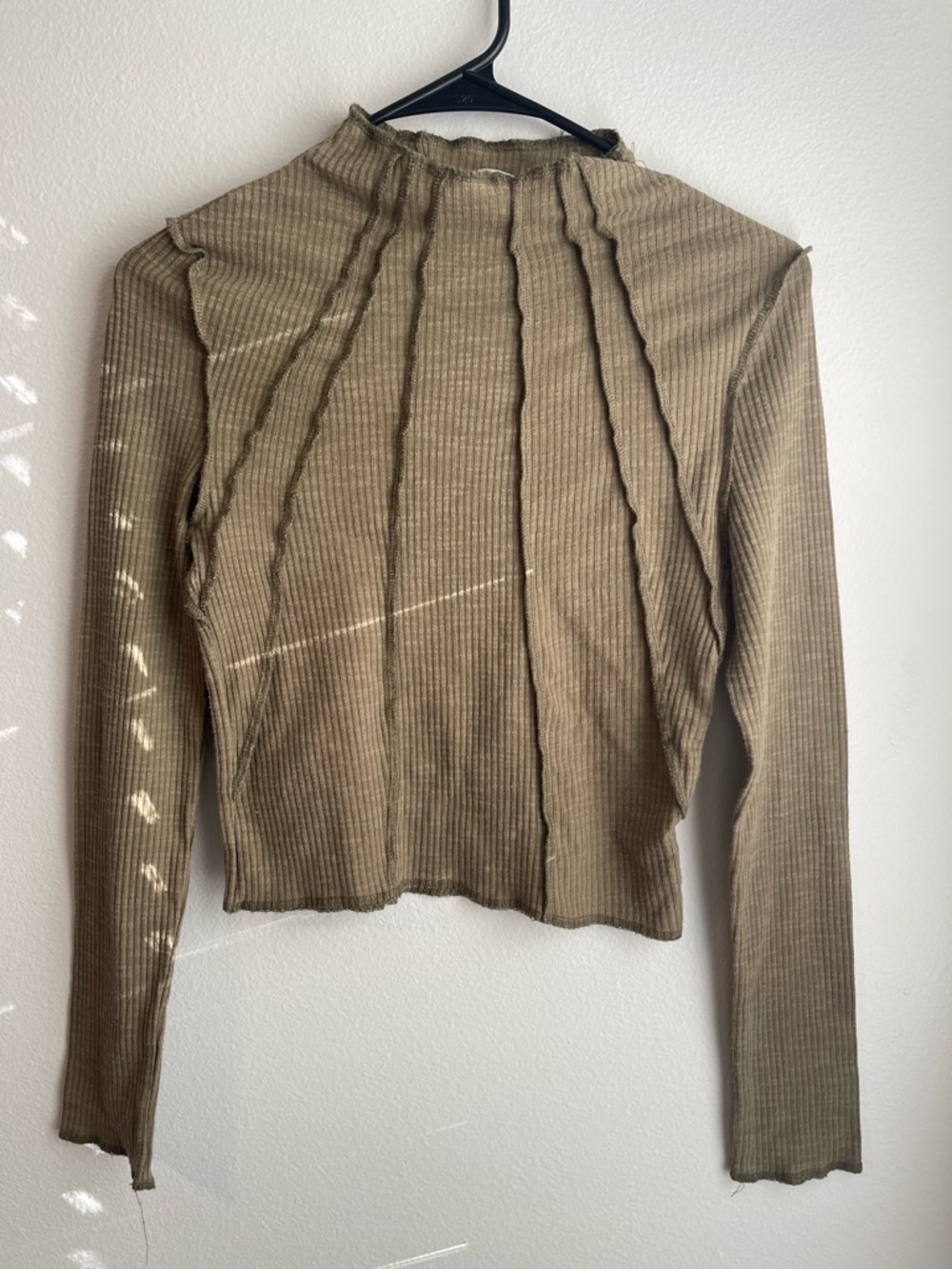 Ribbed Mock-Neck Long Sleeve Crop Top in Olive